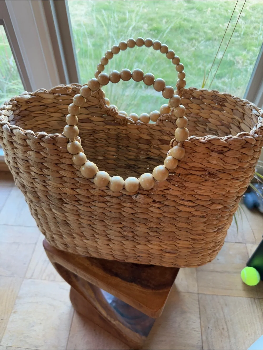 🌿 Woven Straw Tote Bag | Wood Bead Handles | Summer Bag - Picture 2 of 2